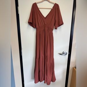 Baltic Born Burnt Brown Maxi Dress Size XL Tiered Wavy Short Sleeve V Neck